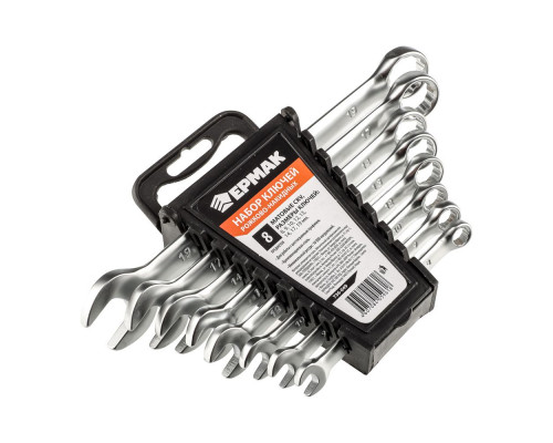 Набор рожково-накидных ключей ЕРМАК 8 предметов 8-19 мм, матовые CRV, пластик холдер 736-049