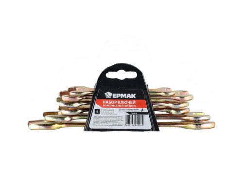 Набор рожковых ключей ЕРМАК 6 предметов, 8x10-17x19 мм, желтый цинк, пластик холдер 736-070