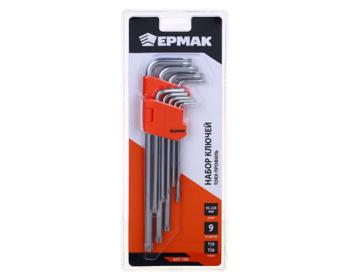 Набор ключей ЕРМАК TORX-профиль 9 пр., T10 - T50, длина 95 - 220 мм 657-188