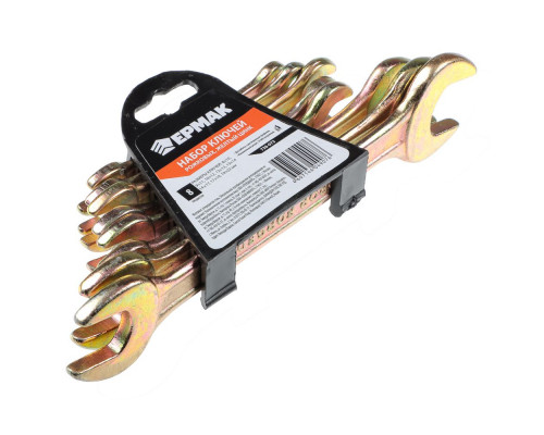 Набор рожковых ключей ЕРМАК 8 предметов, 8x10-19x22мм, желтый цинк, пластик холдер 736-073