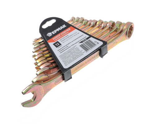 Набор рожково-накидных ключей ЕРМАК 12 предметов, 6-22 мм, желтый цинк 736-080