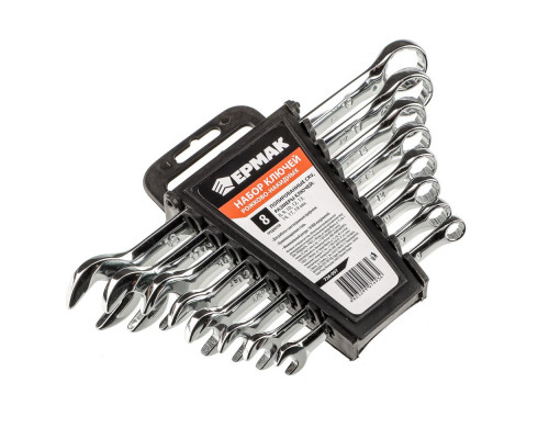 Набор рожково-накидных ключей ЕРМАК 8 предметов 8-19 мм, полированные CRV, пластик холдер 736-097