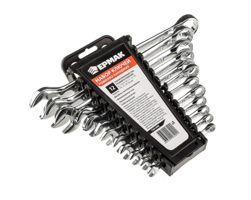Набор рожково-накидных ключей ЕРМАК 12 предметов, 6-22 мм, полированные CRV, пластик холдер 736-098