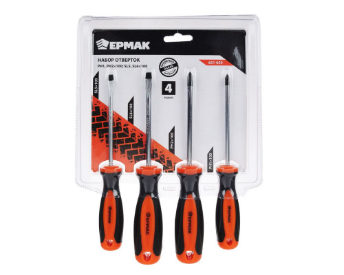 Набор отверток ЕРМАК 9986 PH1,PH2x100; SL5,SL6x100, 4 предмета 651-059