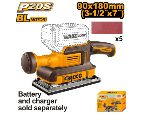 Аккумуляторная вибрационная шлифмашина 20В, BL 90х180 мм без АКБ и ЗУ SUPER INGCO INDUSTRIAL CFSLI2031