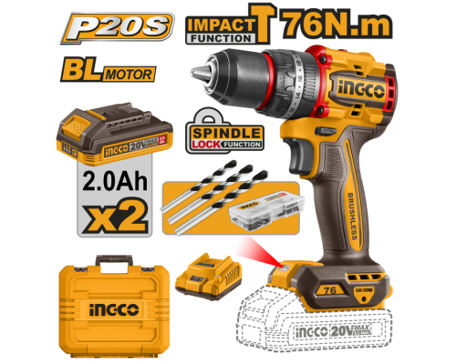 Аккумуляторный бесщёточный ударный шуруповерт INGCO INDUSTRIAL 20 В 76 Нм CIDLI20768