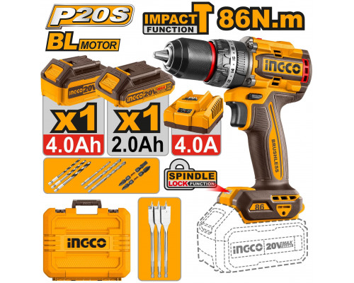 Аккумуляторный ударный шуруповерт 20B BL 86 Нм 2хАКБ и ЗУ кейс INGCO INDUSTRIAL CIDLI20868