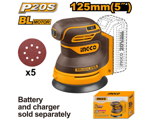 Аккумуляторная эксцентриковая шлифмашина 20B, BL 125мм, без АКБ и ЗУ INGCO INDUSTRIAL CROSLI2002