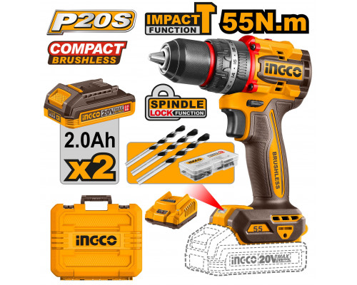 Аккумуляторный ударный шуруповерт 20B BL 55Hm 2хАКБ и ЗУ кейс SUPER INGCO INDUSTRIAL CIDLI20558