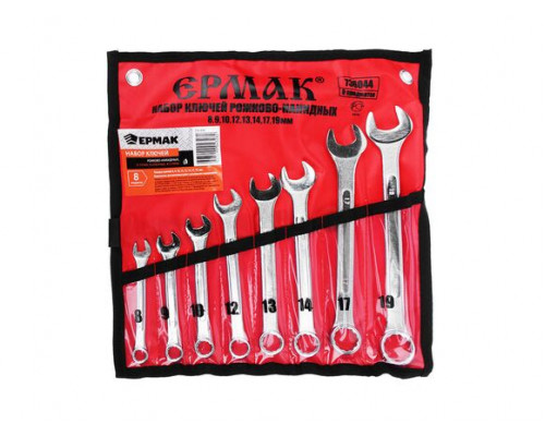Набор рожково-накидных ключей ЕРМАК 8 предметов 8-19 мм, усиленные, в сумке 736-044