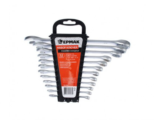 Набор рожково-накидных ключей ЕРМАК 12 предметов, 6-22 мм, матовые CRV, пластик холдер 736-050