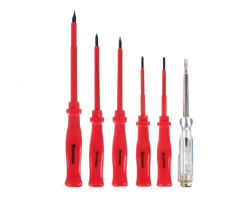 Набор отверток ЕРМАК 6шт диэлектрические (SL5.5х125,SL4х100,PH1х100,SL3х75,PH0х75,тестер 140мм) 651-064