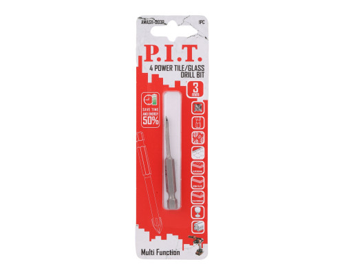 Сверло по стеклу и керамике P.I.T. Ø3x60 мм, 4 реж. кромки, хв. HEX 1/4"(6,35мм) AMAS11-003P