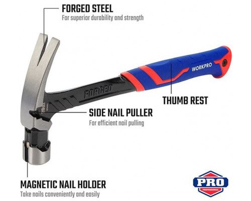 Молоток-гвоздодер WORKPRO цельнометаллический 560 г WP241014