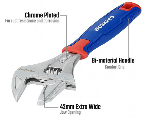 Разводной ключ сверхширокое раскрытие WORKPRO 2 в 1, 200 мм CR-V WP272014