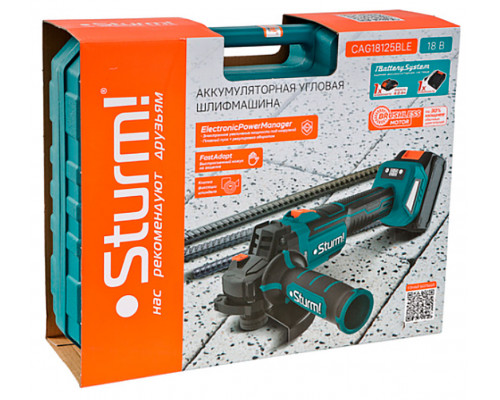 Аккумуляторная бесщеточная угловая шлифмашина Sturm, 18В, 1BatterySystem, 125мм, плавный пуск, 1x4Ач, кейс CAG18125BLE