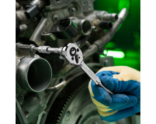 Ключ-трещотка 1/4", 45 зубьев, цельнометаллический, с быстрым сбросом, CrV, хром Сибртех 14014