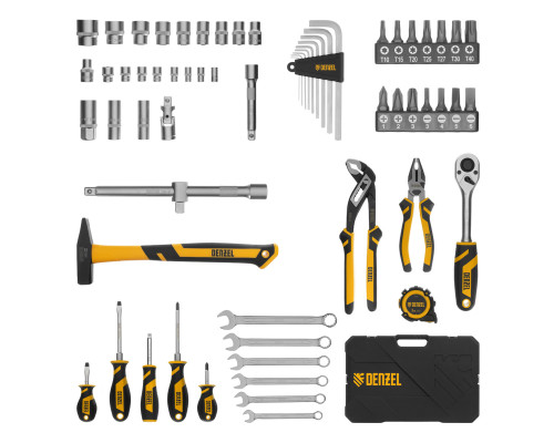 Набор инструментов, 1/2", 1/4", CrV, S2, пластиковый кейс, 64 предмета Denzel 15801
