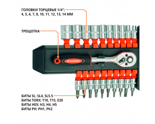 Набор торцевых головок с трещоткой и удлинителем (21 предмет) MAXPILER MXT-22-SET