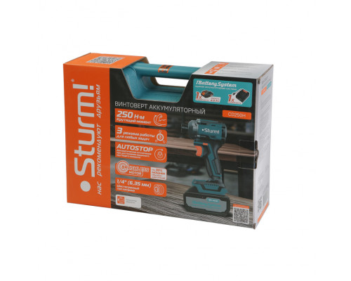 Винтоверт ударный Sturm б/щ, 18В, 1BatterySystem, 250Нм, 1/4, 1x4.0Ач, кейс CD250H