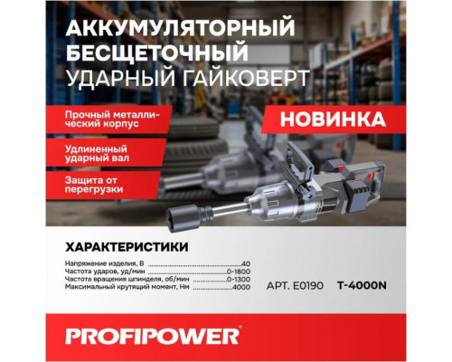 Аккумуляторный бесщеточный ударный гайковерт PROFIPOWER T-4000N длинный шпиндель E0190