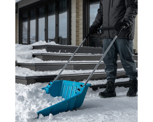 Скрепер-волокуша для уборки снега PALISAD LUXE полипропилен, колеса, 595х715х1445мм, рукоятка с ПВХ 61694