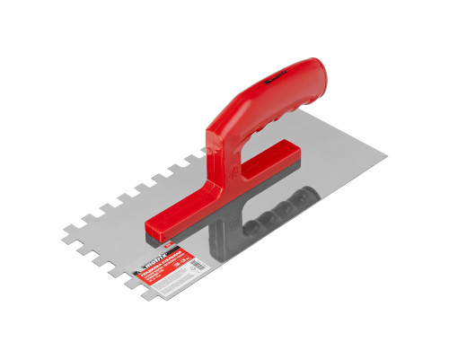 Гладилка из нержавеющей стали 280 х 130 мм, зеркальная полировка, пластмассовая ручка, зуб 10 х 10 мм Matrix 86783