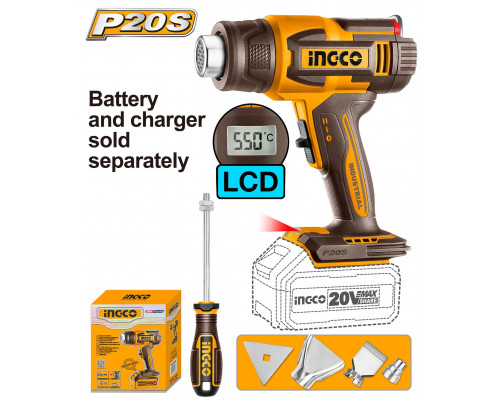 Фен аккумуляторный INGCO INDUSTRIAL 20В с ЖК-дисплеем 30-550°C HGLI2003 Фен аккумуляторный INGCO INDUSTRIAL 20В с ЖК-дисплеем 30-550°C HGLI2003