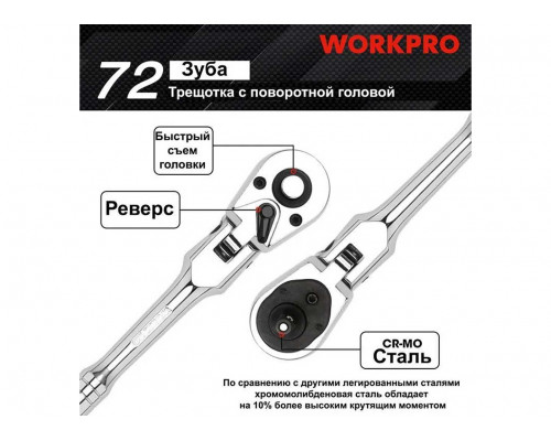 Трещотка WORKPRO 1/4 удлиненная с поворотной головкой WP271027