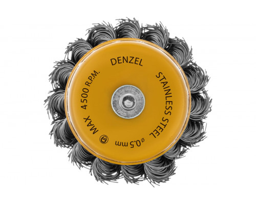 Щетка для дрели 65 мм, чашка, со шпилькой, нержавеющая крученая проволока Denzel 744643