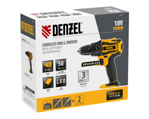 Дрель-шуруповерт аккумуляторная, бесщеточная Denzel BLDL-18-0 Li-Ion 26141