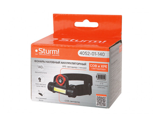 Налобный аккумуляторный фонарь Sturm COB и XPE светодиоды, функция зум, 140лм 4052-01-140