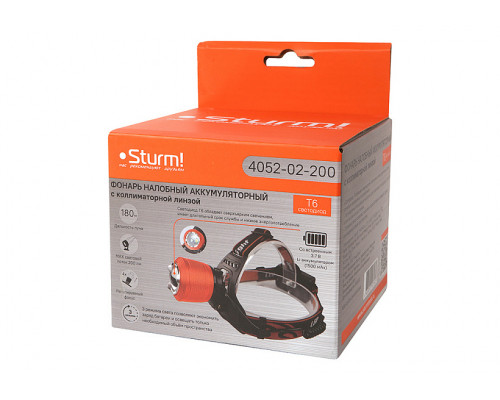 Налобный аккумуляторный фонарь Sturm T6 светодиод, функция зум, 3 режима, 200лм 4052-02-200